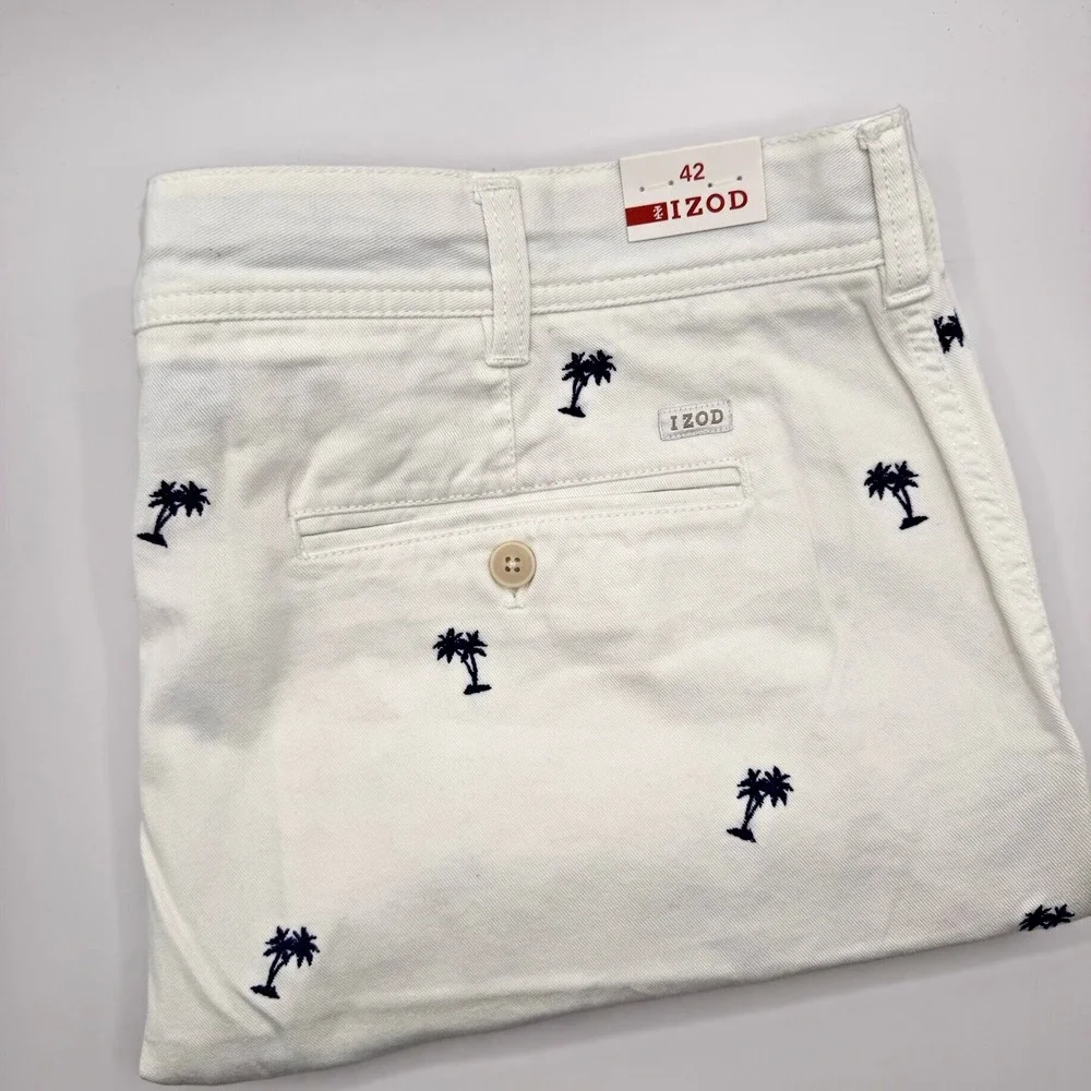 New $64 IZOD Men's 42‎ Breeze Shorts Mazarine Blue White Palm Trees Flat Front